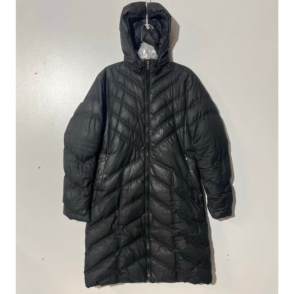 Patagonia Parka Womens Medium Black Down Hooded Chevron Puffer Long Coat Jacket - Picture 1 of 6